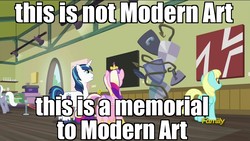 Size: 1920x1080 | Tagged: safe, edit, edited screencap, screencap, princess cadance, royal riff, sassaflash, shining armor, pony, a flurry of emotions, g4, art exhibition, image macro, meme, modern art, sculpture, shield, the world's end, traditional art