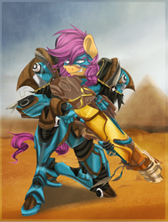 Size: 1400x1854 | Tagged: safe, artist:redheadfly, scootaloo, anthro, g4, commission, crossover, female, grin, gun, older, overwatch, pharah, smiling, solo, weapon