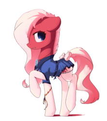 Size: 1500x1700 | Tagged: safe, artist:freeedon, oc, oc only, oc:katie (freeedon), earth pony, pony, bow, clothes, dress, female, hair over one eye, mare, raised hoof, simple background, socks, solo, stockings, tail bow, thigh highs, transparent background
