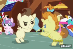 Size: 448x304 | Tagged: safe, screencap, pound cake, princess flurry heart, pumpkin cake, pony, a flurry of emotions, g4, animated, bipedal, cropped, discovery family logo, fight, gif, hot air balloon, sugarcube corner, toy, tug of war