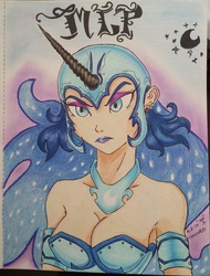 Size: 975x1283 | Tagged: safe, artist:emichaca, nightmare moon, human, g4, breasts, cleavage, ear piercing, earring, female, frown, horn, horned humanization, humanized, jewelry, piercing, solo, traditional art