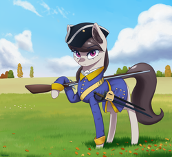 Size: 2111x1936 | Tagged: safe, artist:mrscroup, octavia melody, earth pony, pony, g4, bayonet, caroleans, clothes, ear fluff, female, gun, hat, looking at you, mare, musket, scenery, solo, swedish, sword, tricorne, uniform, weapon