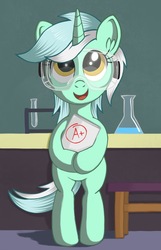 Size: 728x1133 | Tagged: safe, artist:negasun, lyra heartstrings, pony, unicorn, celestial advice, g4, bipedal, cute, female, filly, filly lyra, lyrabetes, open mouth, safety goggles, smiling, solo, younger