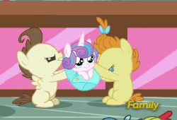 Size: 600x409 | Tagged: safe, edit, edited screencap, screencap, pound cake, princess flurry heart, pumpkin cake, pony, a flurry of emotions, g4, animated, cake twins, cropped, discovery family logo, female, fight, flurry heart gets all the foals, gif, lesbian, love triangle, male, ship:poundflurry, ship:pumpkin heart, ship:pumpoundurry, shipping, siblings, straight, sugarcube corner, twins