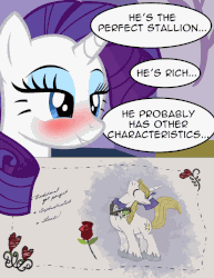 Size: 800x1036 | Tagged: safe, artist:badumsquish, prince blueblood, rarity, pony, unicorn, g4, the best night ever, animated, bender bending rodríguez, blushing, card, debate in the comments, dialogue, flower, futurama, gif, gold digger, hat, heart, male, parody, peek behind the boutique, quote, rose, scene parody, shallow, ship:rariblood, shipping, smiling, smirk, solo, straight, tail whip, top hat, unshorn fetlocks