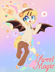 Size: 3808x5001 | Tagged: safe, artist:hawthornss, oc, oc only, oc:sweet magic, bat pony, pony, absurd resolution, both cutie marks, choker, clothes, cute, featureless crotch, female, food, looking at you, mare, socks, solo, text, tongue out, underhoof, whisk