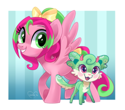 Size: 3625x3209 | Tagged: safe, artist:wicklesmack, oc, oc only, oc:gadget, oc:precious metal, pegasus, pony, bow, commission, cute, duo, female, hair bow, high res, looking at you, mare, smiling