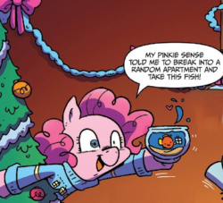 Size: 514x467 | Tagged: safe, artist:katie cook, idw, pinkie pie, puddles (g4), fish, g4, spoiler:comic, spoiler:comicholiday2015, christmas sweater, christmas tree, clothes, context is for the weak, fish bowl, hearth's warming eve, holiday, out of context, pinkie sense, present, sweater, tree