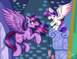 Size: 3000x2300 | Tagged: safe, artist:shamy-crist, princess flurry heart, twilight sparkle, alicorn, pony, a flurry of emotions, g4, flying, high res, twilight sparkle (alicorn), twilight's castle