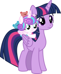 Size: 5440x6622 | Tagged: safe, artist:deyrasd, princess flurry heart, twilight sparkle, alicorn, pony, a flurry of emotions, g4, absurd resolution, baby, baby pony, female, flurry heart riding twilight, ponies riding ponies, riding, simple background, teddy bear, toy, transparent background, twilight sparkle (alicorn), vector