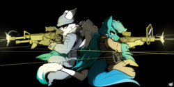 Size: 1280x641 | Tagged: safe, artist:bbsartboutique, oc, oc only, oc:blue, oc:dusty, griffon, hippogriff, anthro, anthro oc, back to back, black background, combat, gun, rainbow six siege, shooting, simple background, weapon