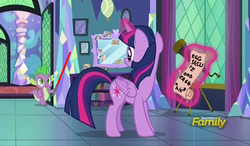 Size: 835x486 | Tagged: safe, edit, edited screencap, screencap, spike, twilight sparkle, alicorn, dragon, pony, celestial advice, g4, betrayal, castle, discovery family logo, lightsaber, lol, order 66, star wars, twilight sparkle (alicorn), weapon