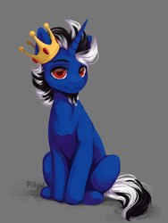 Size: 1507x2000 | Tagged: safe, artist:graypillow, oc, oc only, pony, unicorn, black and white mane, crown, jewelry, looking at you, red eyes, regalia, sitting, smiling, solo