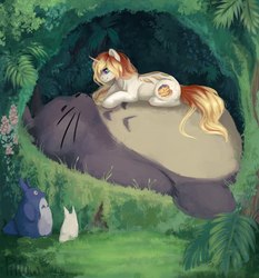 Size: 1977x2123 | Tagged: safe, artist:graypillow, oc, pony, unicorn, crossover, lying on top of someone, my neighbor totoro, prone, sleeping, totoro