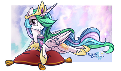 Size: 4000x2347 | Tagged: safe, artist:xwhitedreamsx, princess celestia, alicorn, pony, g4, crown, cute, cutelestia, drink, female, frappuccino, hair over one eye, jewelry, looking at you, mare, pillow, prone, regalia, solo, unicorn frappuccino