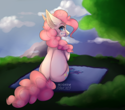 Size: 1280x1120 | Tagged: safe, artist:pinkxei, pinkie pie, earth pony, pony, g4, back, blanket, cloud, eating, female, grass, looking at you, looking back, mare, messy eating, rear view, sitting, sky, solo, tree