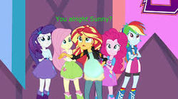 Size: 300x168 | Tagged: safe, edit, edited screencap, screencap, fluttershy, pinkie pie, rainbow dash, rarity, sunset shimmer, comic:a new change, equestria girls, friendship games, bad edit, clothes, female, pregnant, pregnant edit