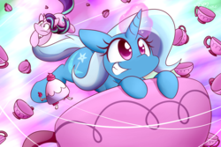 Size: 1920x1280 | Tagged: safe, artist:dshou, starlight glimmer, teacup poodle, trixie, pony, unicorn, all bottled up, g4, circling teacups, colored pupils, cup, duo, female, glowing horn, grin, horn, mare, smiling, tail, tail pull, teacup, that pony sure does love teacups