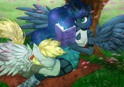 Size: 1100x770 | Tagged: safe, artist:kairaanix, derpy hooves, princess luna, alicorn, pegasus, anthro, g4, book, breasts, busty princess luna, cleavage, clothes, commission, duo, female, flower petals, implied derpyluna, implied lesbian, mare, nap, reading, relaxing, sleeping, smiling, tree, under the tree
