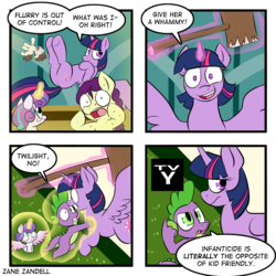 Size: 1125x1125 | Tagged: safe, artist:zanezandell, boysenberry, princess flurry heart, spike, twilight sparkle, alicorn, dragon, pony, a flurry of emotions, g4, breaking the fourth wall, butt, comic, force field, hammer, horsey hives, magic, magic bubble, mallet, plot, tv-y, twilight sparkle (alicorn), worst aunt ever