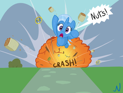 Size: 3300x2500 | Tagged: safe, artist:nuka-kitty, trixie, pony, unicorn, all bottled up, g4, cinnamon nuts, explosion, female, food, high res, nut cart, solo, speech bubble
