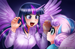 Size: 1073x700 | Tagged: safe, artist:racoonsan, princess flurry heart, twilight sparkle, human, a flurry of emotions, g4, season 7, aunt and niece, auntie twilight, best aunt ever, clothes, cute, duo, fangs, female, horn, horned humanization, humanized, looking at each other, niece, open mouth, pretending to be a bear, scene interpretation, twilight sparkle (alicorn), winged humanization, wings