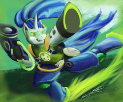 Size: 3600x3000 | Tagged: safe, artist:eddywardster, dj pon-3, vinyl scratch, pony, unicorn, g4, bipedal, crossover, female, grin, high res, lucio, overwatch, running, smiling, solo