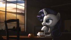 Size: 1024x576 | Tagged: safe, artist:skyofffrunki, rarity, pony, g4, 3d, chair, crepuscular rays, cup, daydream, female, hill, poster, solo, source filmmaker, table, teacup, tree, window