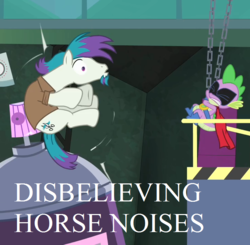 Size: 736x720 | Tagged: safe, edit, edited screencap, editor:korora, screencap, quick trim, spike, dragon, earth pony, pony, g4, power ponies (episode), cropped, descriptive noise, hairspray ray of doom, horse noises, humdrum costume, male, power ponies, stallion, text