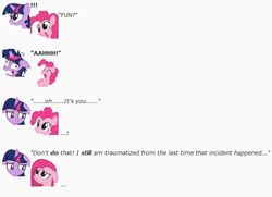 Size: 680x492 | Tagged: safe, artist:dziadek1990, pinkie pie, twilight sparkle, g4, clone, conversation, dialogue, emote story, emotes, fun fun fun, ptsd, reddit, slice of life, text