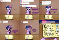 Size: 2254x1502 | Tagged: safe, artist:cosmalumi, twilight sparkle, pony, unicorn, tumblr:ask queen moon, g4, ask, book, comic, floppy ears, solo, tumblr