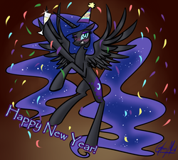 Size: 1050x950 | Tagged: safe, artist:cosmalumi, nightmare moon, alicorn, pony, tumblr:ask queen moon, g4, alcohol, bedroom eyes, blushing, confetti, drunk, drunk luna, floppy ears, flying, grin, happy new year, hat, holiday, looking at you, nicemare moon, one eye closed, party hat, smiling, solo, spread wings, wings, wink