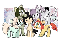 Size: 1280x912 | Tagged: safe, artist:kapusha-blr, oc, oc only, earth pony, pegasus, pony, unicorn, bipedal, bipedal leaning, blank flank, curved horn, ear piercing, eyes closed, flying, group shot, happy, horn, leaning, looking at you, open mouth, piercing, raised hoof, smiling, tongue out