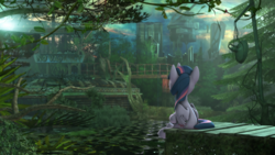 Size: 2560x1440 | Tagged: safe, artist:redaceofspades, twilight sparkle, alicorn, pony, g4, 3d, architecture, building, city, cityscape, female, forest background, lamp, lens flare, lilypad, mare, outdoors, rear view, ruins, scenery, sign, sitting, sky, sky background, solo, source filmmaker, twilight sparkle (alicorn), water
