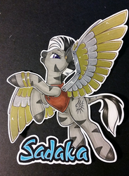 Size: 737x1000 | Tagged: safe, artist:onnanoko, oc, oc only, oc:sadaka, zebra, artificial wings, augmented, female, flying, mare, mechanical wing, photo, solo, traditional art, wings