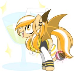 Size: 2455x2365 | Tagged: safe, alternate version, artist:red_moonwolf, oc, oc only, oc:mango milkshake, bat pony, pony, bat pony oc, clothes, fangs, glass, high res, hoodie, inkscape, jacket, piercing, simple background, socks, stockings, thigh highs, transparent background, varsity jacket, vector, wine glass