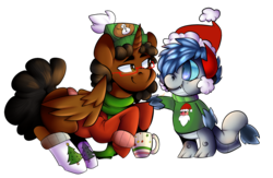 Size: 2000x1300 | Tagged: safe, artist:cotta, oc, oc only, alicorn, dragon, pony, chocolate, christmas, clothes, food, glasses, hat, holiday, hot chocolate, santa hat, socks, sweater