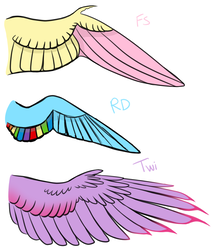 Size: 1280x1452 | Tagged: safe, artist:jellybeanbullet, fluttershy, rainbow dash, twilight sparkle, alicorn, pegasus, pony, g4, chart, colored wings, colored wingtips, comparison, simple background, twilight sparkle (alicorn), white background, wing claws, wing types, wings