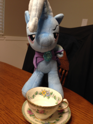 Size: 1268x1690 | Tagged: safe, trixie, pony, unicorn, g4, 4de, cape, clothes, cup, female, irl, mare, photo, plushie, teacup, that pony sure does love teacups, trixie's cape