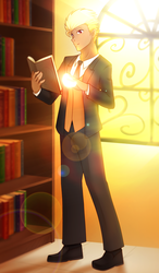 Size: 1462x2500 | Tagged: safe, artist:jonfawkes, oc, oc only, oc:orobas, human, backlighting, book, clothes, crepuscular rays, humanized, humanized oc, library, magic, solo, suit