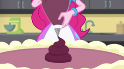 Size: 1280x720 | Tagged: safe, screencap, pinkie pie, acadeca, equestria girls, g4, my little pony equestria girls: friendship games, apron, balloon, bracelet, cake, clothes, food, frosting, jewelry, misleading thumbnail, not scat, not what it looks like, skirt, unfortunate design, when you see it