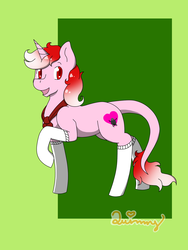 Size: 1024x1365 | Tagged: safe, artist:yanie-the-brown-pone, oc, oc only, oc:snuggle bugg, changeling, pony, unicorn, changeling oc, clothes, femboy, long tail, male, prize, raised hoof, scarf, socks, solo