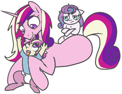 Size: 1168x897 | Tagged: safe, artist:/d/non, princess cadance, princess flurry heart, oc, oc:venus, satyr, g4, baby, daughter, diaper, female, half-siblings, infidelity, jealous, mother, mother and daughter, offspring, older, parent:oc:anon, parent:princess cadance, simple background, sisters, trio, white background