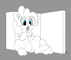 Size: 1280x1080 | Tagged: safe, artist:pabbley, pinkie pie, pony, g4, belly button, donut, eating, female, food, open mouth, pabbley is trying to murder us, partial color, refrigerator, simple background, sitting, solo