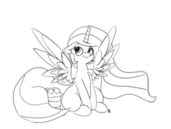 Size: 1280x967 | Tagged: safe, artist:pabbley, princess celestia, pony, g4, cake, cakelestia, female, food, hiding, innocent, monochrome, simple background, sitting, solo, spread wings, white background, wings