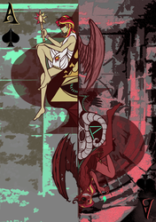 Size: 1800x2553 | Tagged: safe, artist:madness-with-reason, sunset shimmer, angel, demon, equestria girls, g4, ace of spades, duality, horns, playing card, sunset satan