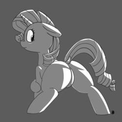 Size: 1280x1275 | Tagged: safe, artist:pabbley, rarity, pony, unicorn, g4, butt, dock, ears back, featureless crotch, female, grayscale, horn, looking back, mare, monochrome, plot, rearity, scared, simple background, solo
