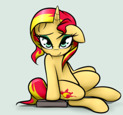 Size: 3092x2908 | Tagged: safe, artist:jetwave, sunset shimmer, pony, unicorn, g4, bedroom eyes, eyeshadow, female, high res, looking at you, makeup, simple background, sitting, solo, sultry pose, teal background