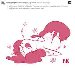 Size: 540x488 | Tagged: dead source, safe, artist:fluttershythekind, pinkie pie, earth pony, pony, g4, ask, belly button, eyes closed, female, field, flower, monochrome, simple background, sleeping, solo, tumblr, white background, zzz