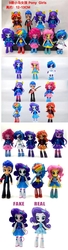 Size: 608x2233 | Tagged: safe, dj pon-3, flash sentry, fluttershy, pinkie pie, rainbow dash, sunset shimmer, twilight sparkle, vinyl scratch, equestria girls, g4, bootleg, chinese, comparison, doll, equestria girls minis, eqventures of the minis, guitar, musical instrument, my fun hose, toy